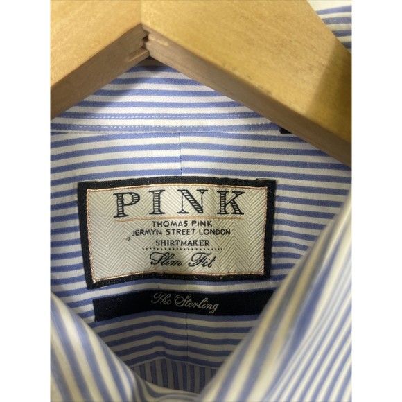 Thomas Pink The Sterling Slim Fit Dress Shirt Blue Striped Size 16 34.5 - Picture 2 of 6